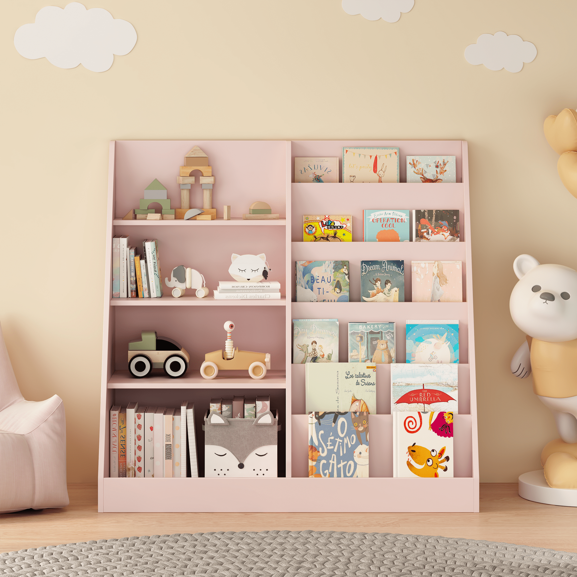 Kids Bookshelf and Toy Storage Organizer, Multifunctional 4 Tier Wooden Kids Book Shelf with Bookcase Display Stand in Kids Room Playroom Nursery for Kids, Children, Toddlers (Pink)