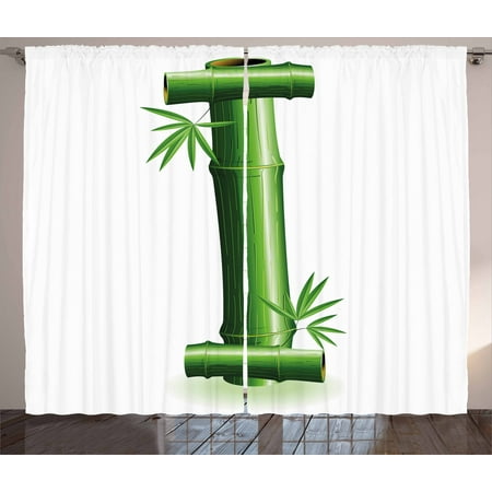 Letter I Curtains 2 Panels Set, Tropical Climate Bamboo Tree Alphabet Exotic Greenery Forest Foliage Zen Theme, Window Drapes for Living Room Bedroom, 108W X 108L Inches, Green White, by