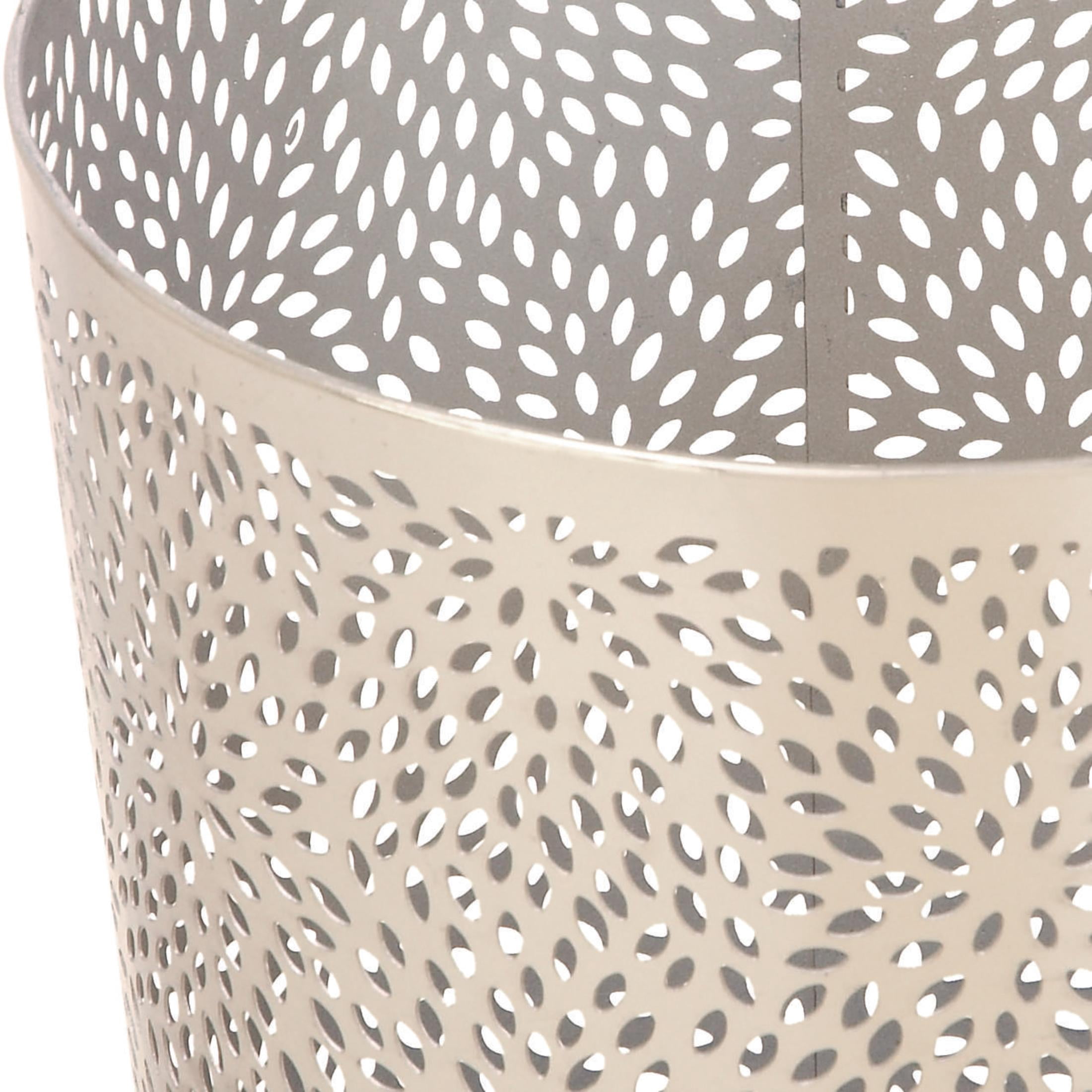 CosmoLiving by Cosmopolitan 9" x 10" Silver Metal Floral Small Waste Bin with Laser Carved Design, 1-Piece