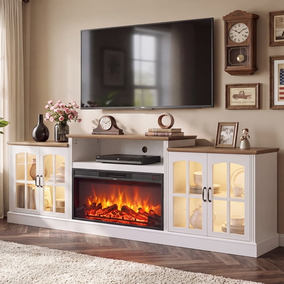 Farmhouse TV Stand with 36" Fireplace for TVs Up To 100", Media Entertainment Center, Large Cabinet Storage, Walnut & White
