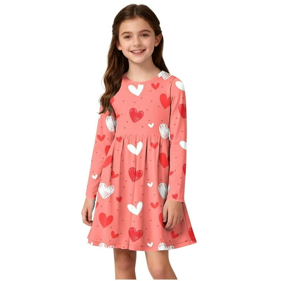 Posijego Girls Heart Printed Dress Valentine's Day Dress Crew Neck Long Sleeve Spring Dresses for Girls