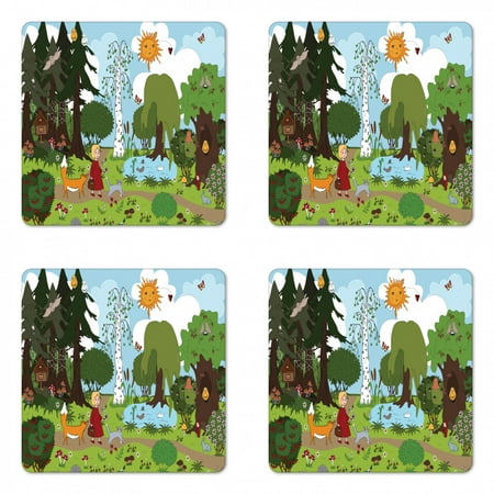 

Cartoon Coaster Set of 4 Fairy Wandering Forest Friends Pine Trees Fox Rabbit Birds Square Hardboard Gloss Coasters Standard Size Pale Sky Blue Emerald by Ambesonne