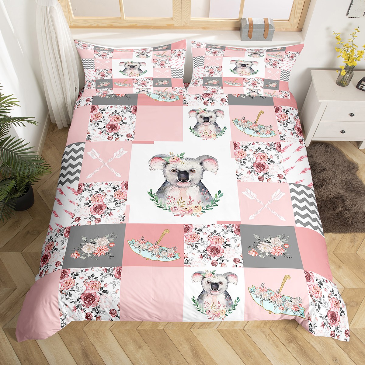 YST Floral Koala Bedding Set Full Size Pink Rose Flower Duvet Cover For