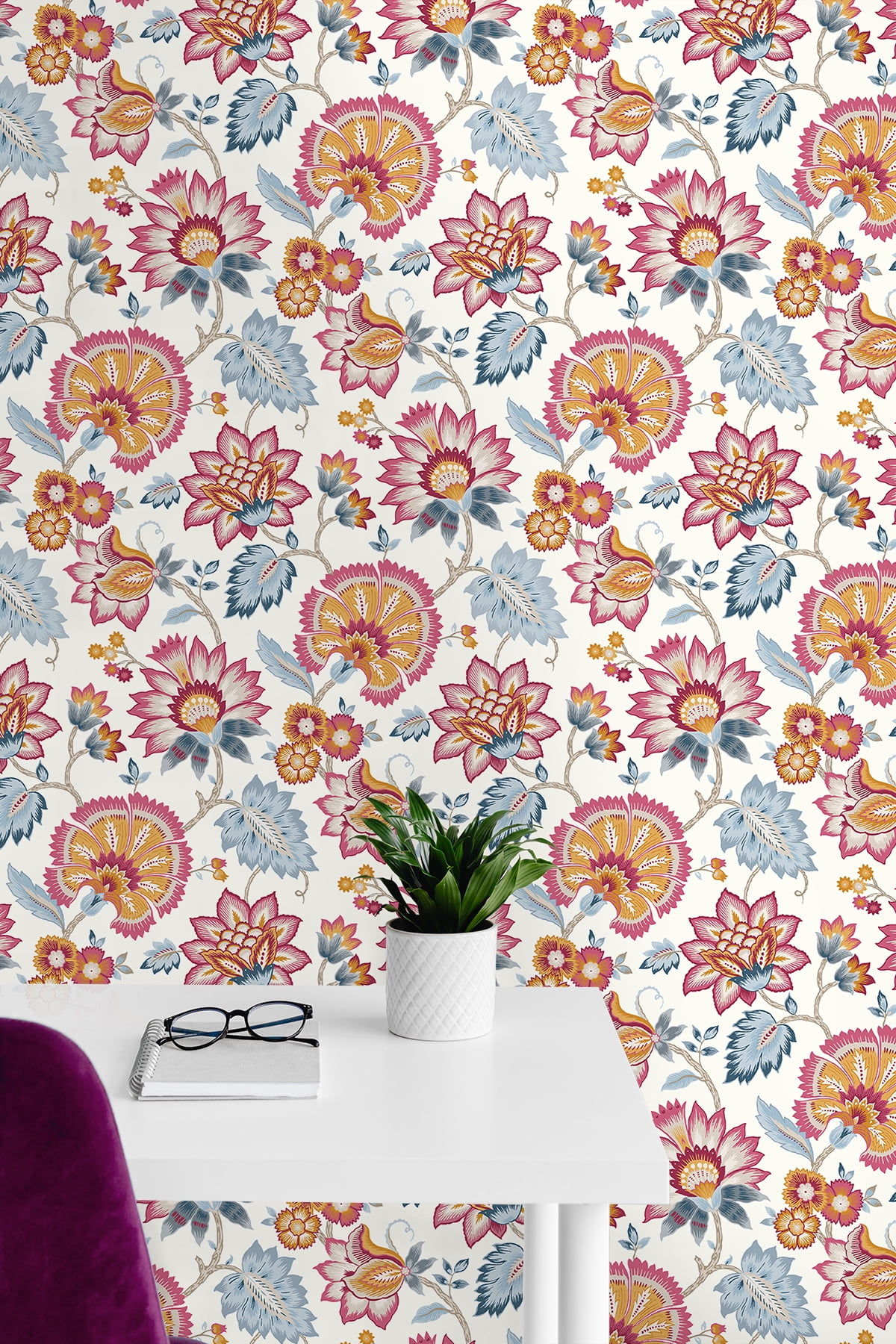 NextWall Fandango Pink & Bluebird Jacobean Blossom Floral Peel and Stick Wallpaper