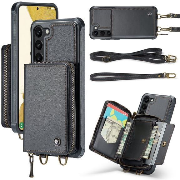 ELEHOLD Crossbody Wallet Phone Case for Samsung Galaxy S23 6.1", Zipper Pocket Card Holders Detachable Crossbody Strap Lanyard RFID Blocking Soft Leather Protective Case,Black