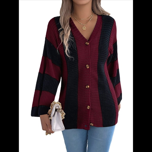 Suéter Tipo Cárdigan de Acampanada con Rayas Contrastantes para Mujer, Otoño e Invierno, Abrigo de Longitud Media. Vino Tinto M