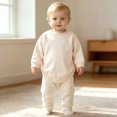 thumbnail image 2 of Pandaie Baby Solid Color Clothes Bubble Romper Newborn Boy Girl Fall Winter Long Sleeve Bodysuit Infant Daily Wear Beige,9-12 Months, 2 of 4