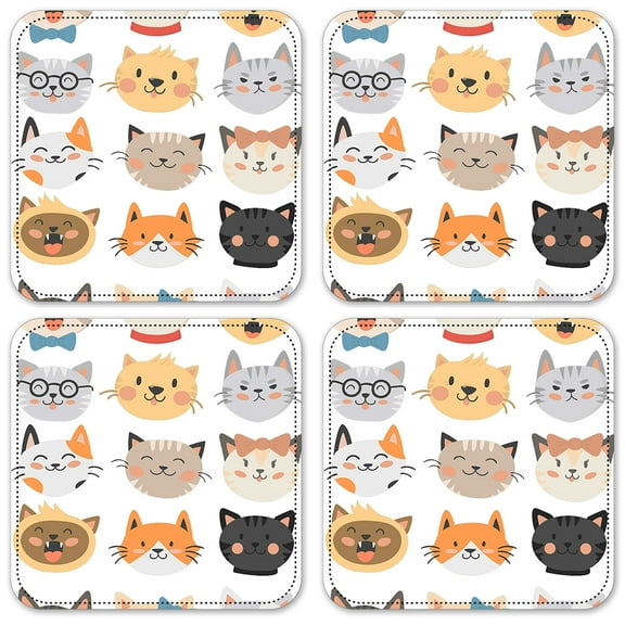 Vinyl Drink Coasters - Set of 4 - Cute Cat Heads