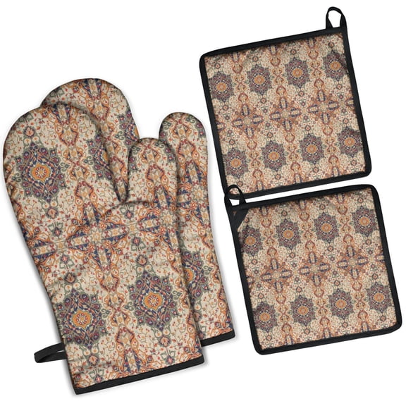 Orange Ethnic Geometric Pattern Kitchen Oven Mitt and Pot Holder Sets 2 Pcs for Baking, Cooking and Grilling, Heat Resistant Up To 392 °F