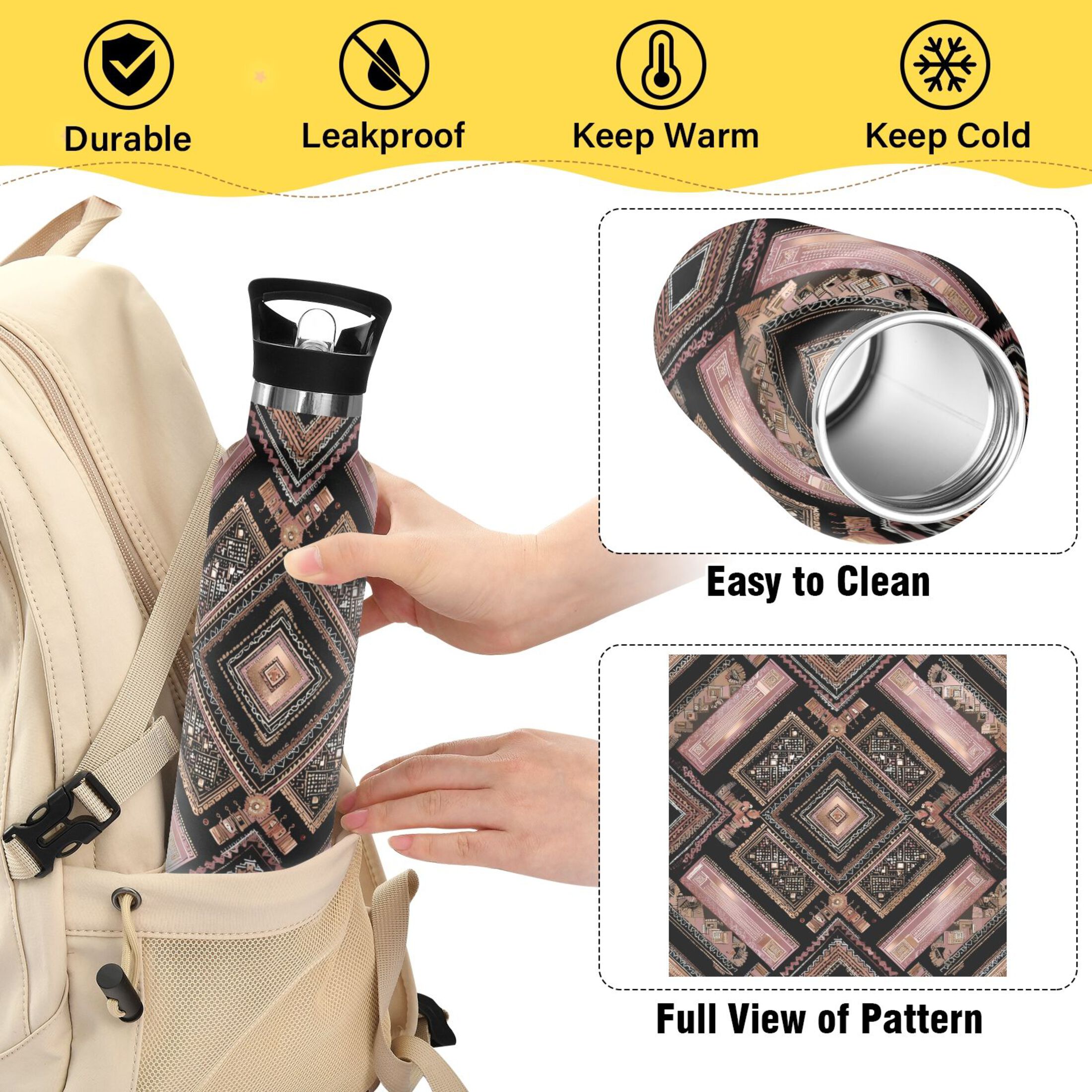 Kids Insulated Stainless Steel Sports Water Bottle 600ml (20oz) Retro Style Shape Pattern