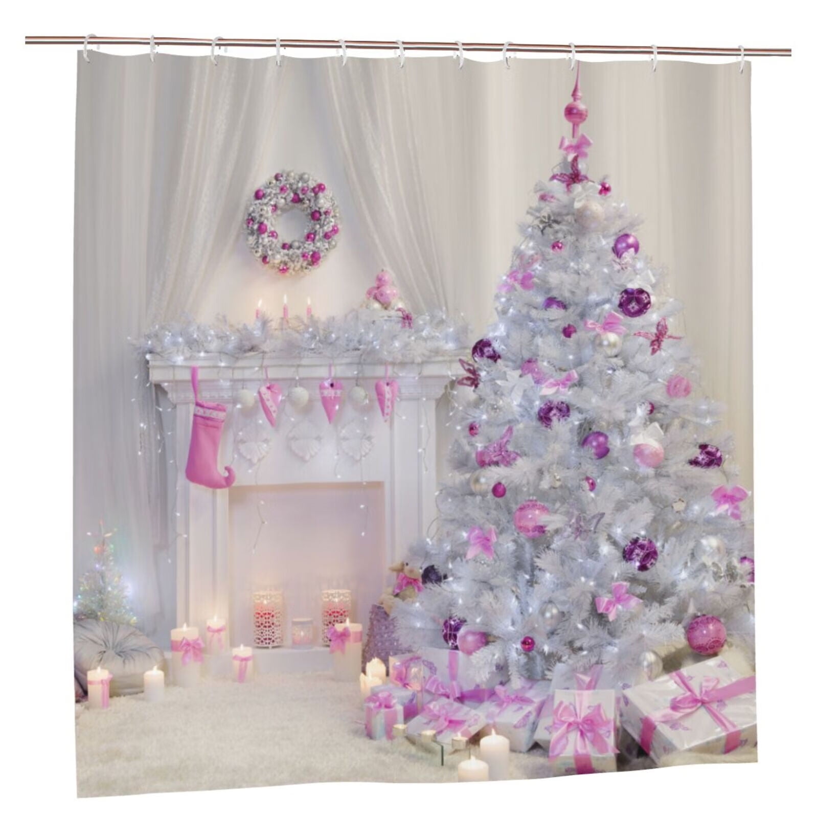 Christmas Fabric Shower Curtains for Bathroom, Christmas Tree with Pink