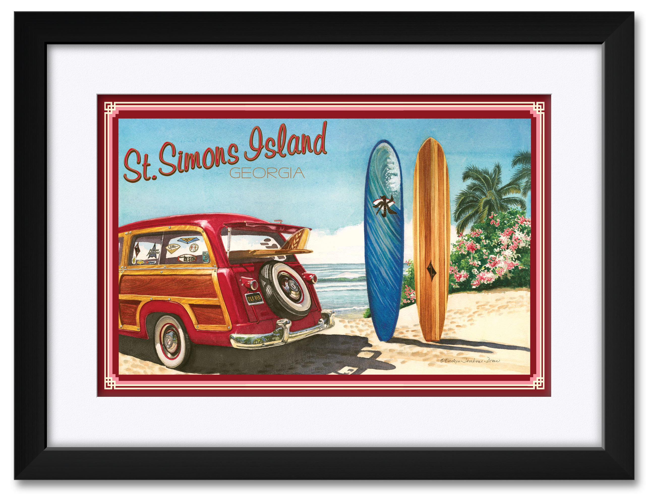 St Simons Island Woodie Car & Surfboards Framed & Matted Art Print by Evelyn Jenkins