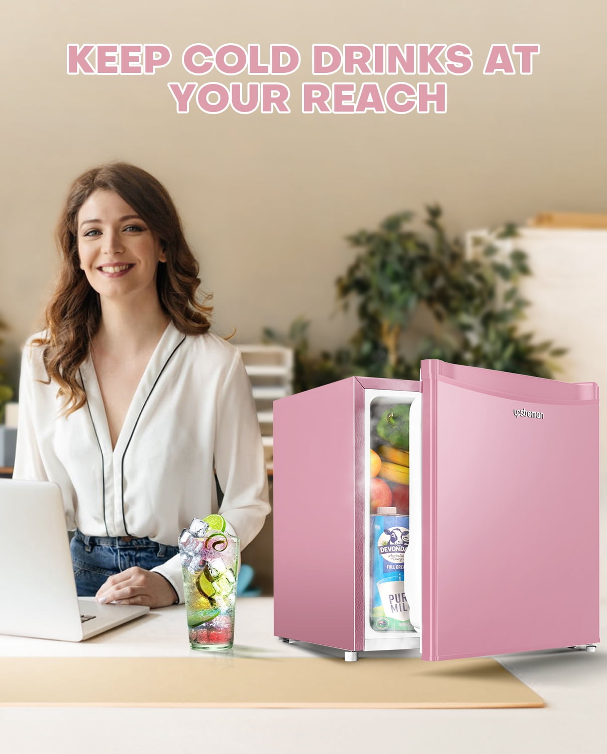 Upstreman 1.7 Cu ft Mini Fridge with Freezer Single Door Compact Refrigerator, Low Noise, Energy Saving, Adjustable Temperature, Reversible Door, for Home Office Dorm, Pink FR17