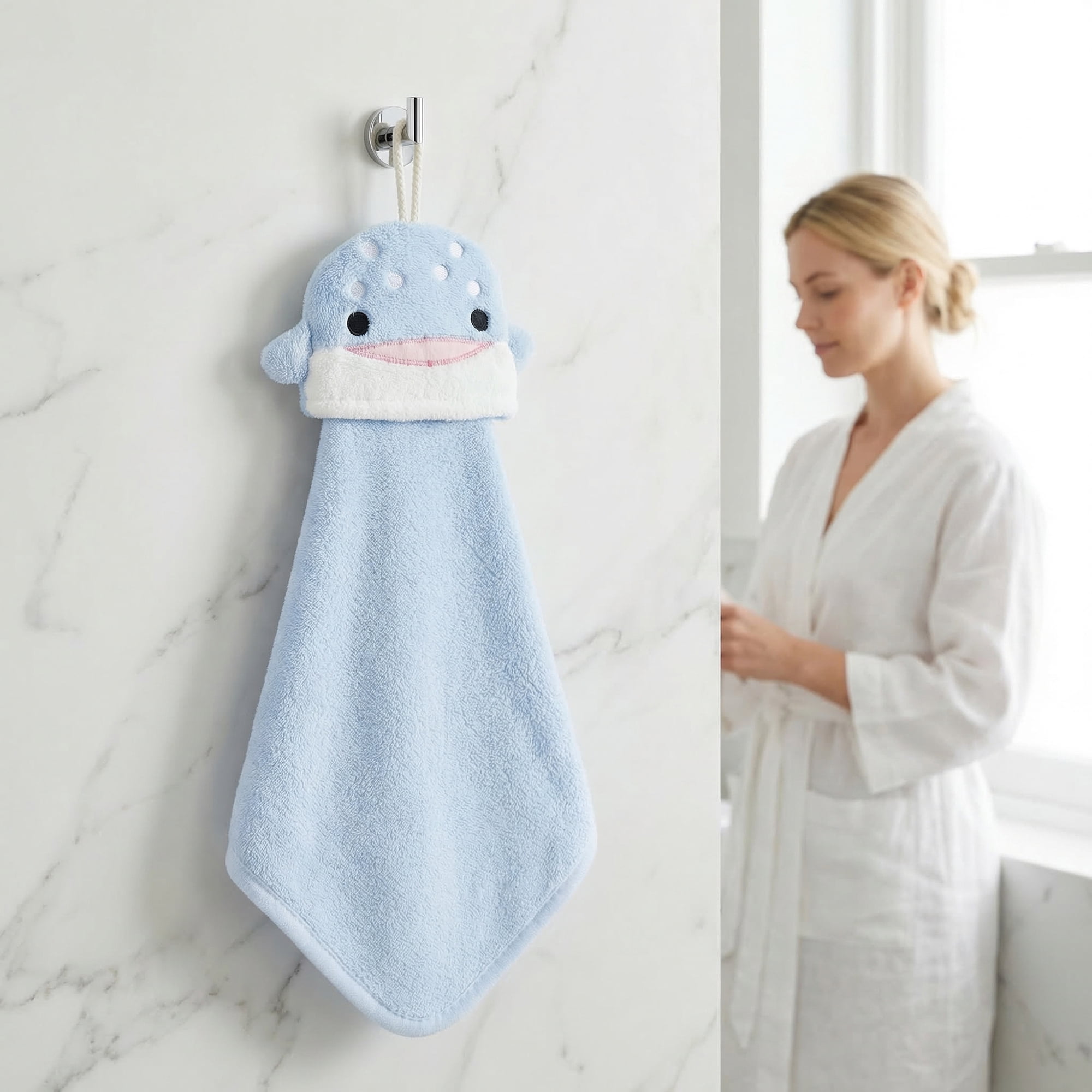 Unique Bargains Hanging Hand Towel Soft Absorbent Quick Dry Towel Blue Shark 15" x 8"