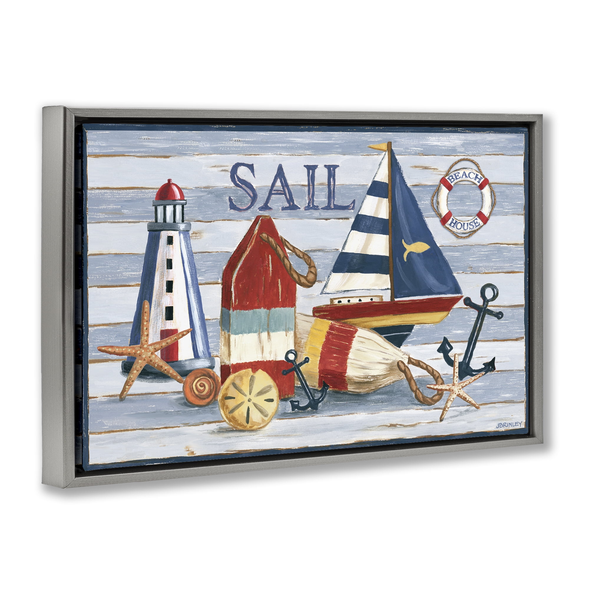 Stupell Industries Striped Nautical Still Life Nautical & Beach Painting Gray Floater Framed Canvas Art Print Wall Art, 31 x 21
