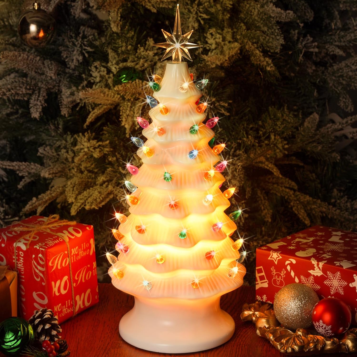 Nordic Hygge 2024 Newest 16.5" Hand Painted Resin Christmas Tree with Lights, Pre-lit Xmas Tree Decor Lighted Tabletop Decoration with Multicolored LED Bulbs, White