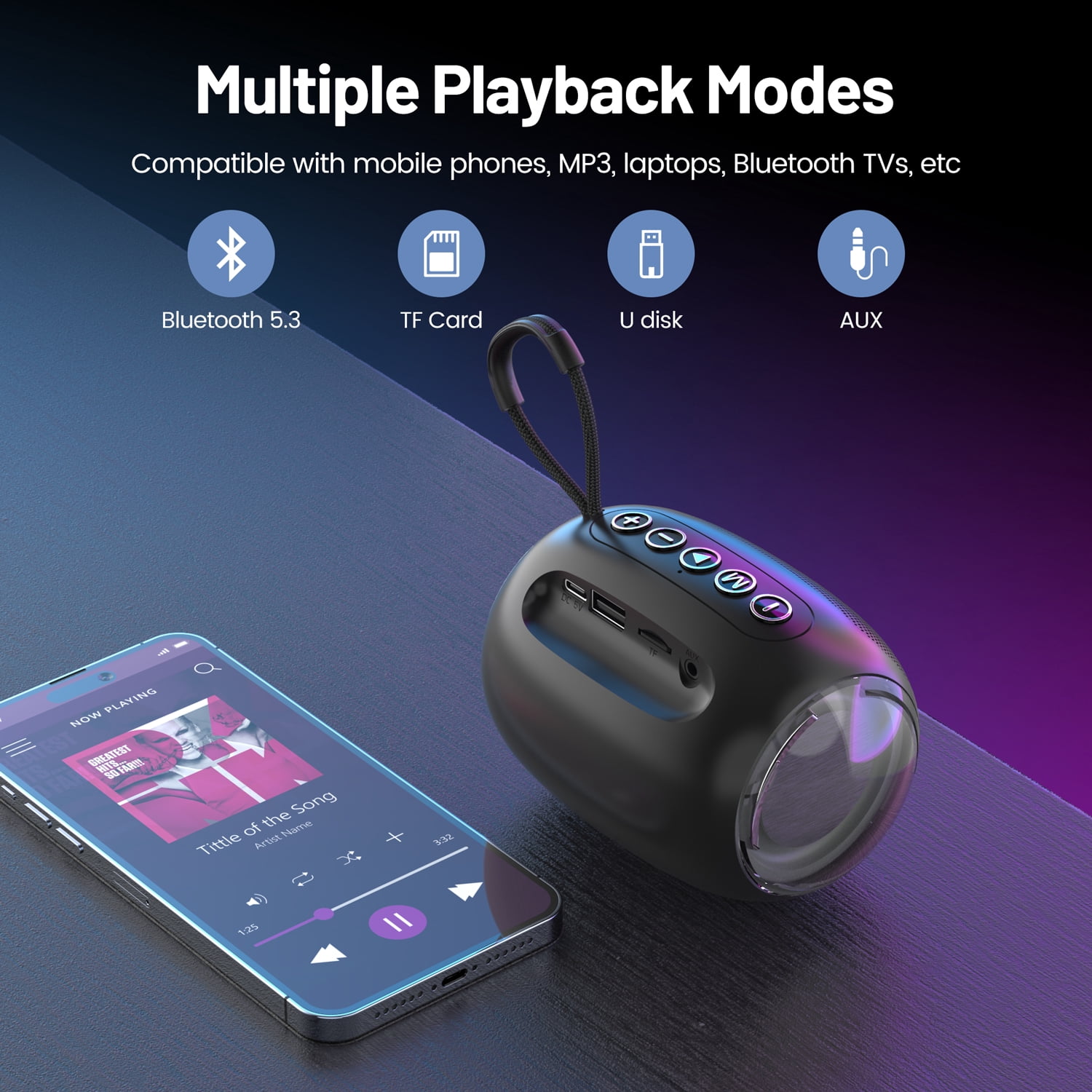 JIUMESS Small Bluetooth Speaker with Light, Mini Wireless Portable Speaker