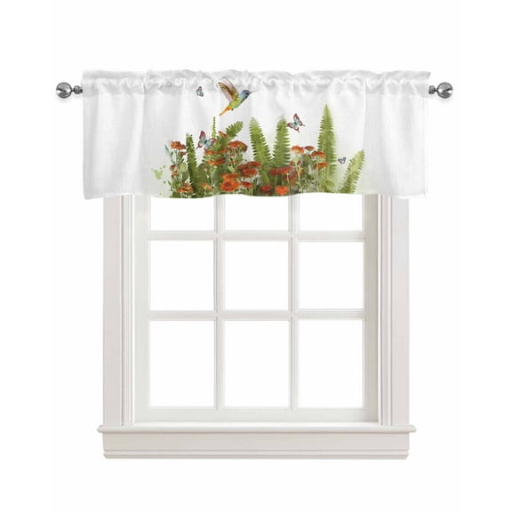 Orange Teal Botanical Linen Curtain Valance for Bedroom/Bathroom/Kitchen/Office/Living/Dining Room Window,Watercolor Plants Spring Floral Birds Rod Pocket Topper Decorative Cafe Drapes Panel 42"x12"