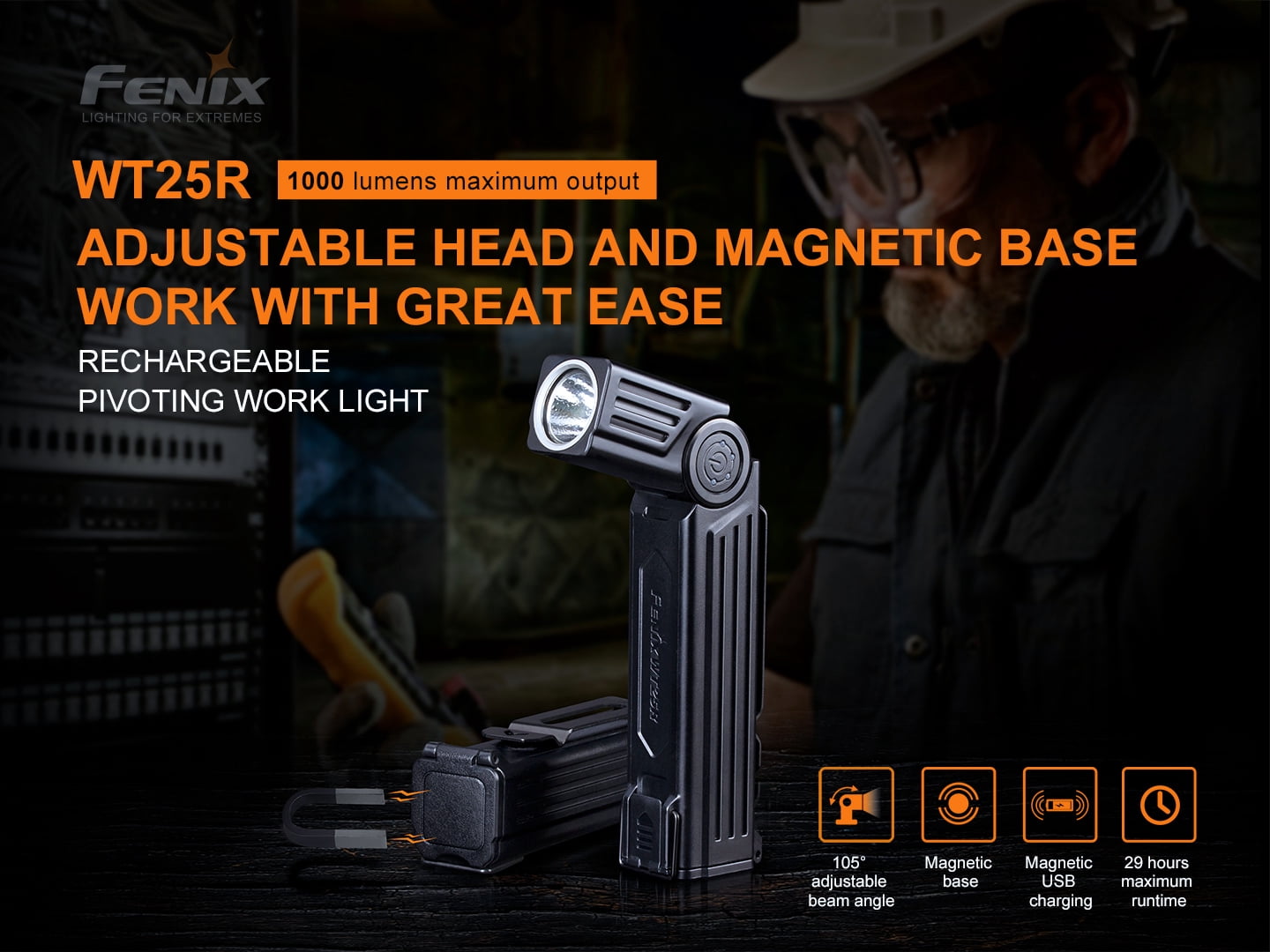Fenix WT25R 1000 Lumen Rechargeable Pivoting Work Flashlight with LumenTac Battery Organizer