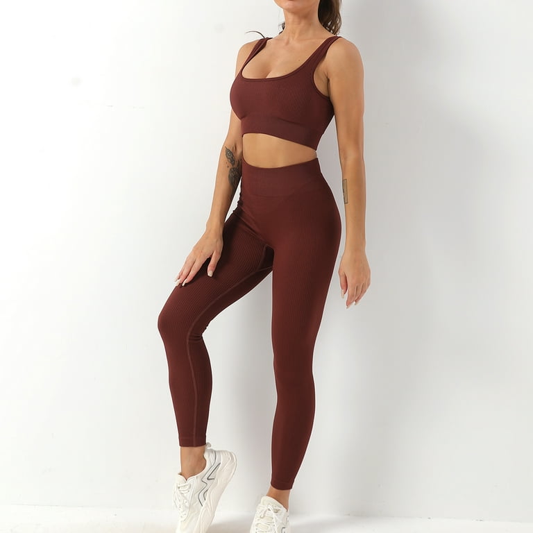 Lu's Chic Women's 2 Piece Workout Set Outfits Crop Tank Top High Waisted  Yoga Leggings Activewear Athletic Workout Sporty 2Pcs Sexy Lounge Sets  Coffee