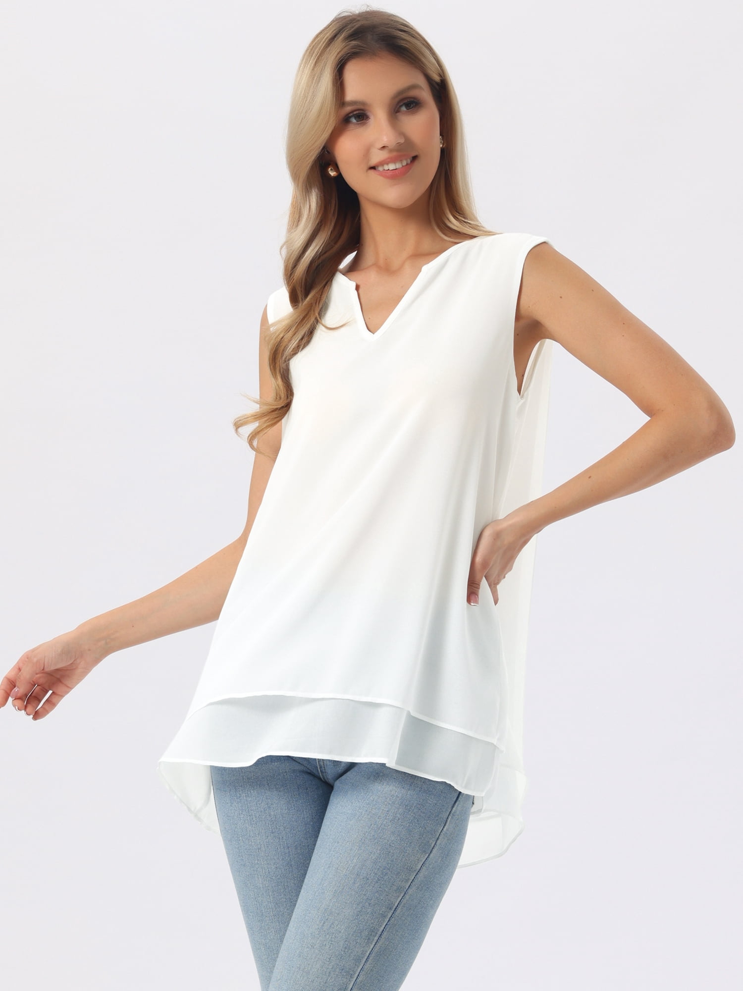 DARING DIVA Women's Chiffon V Neck Double Layer Flowy Tunic Shirts S White
