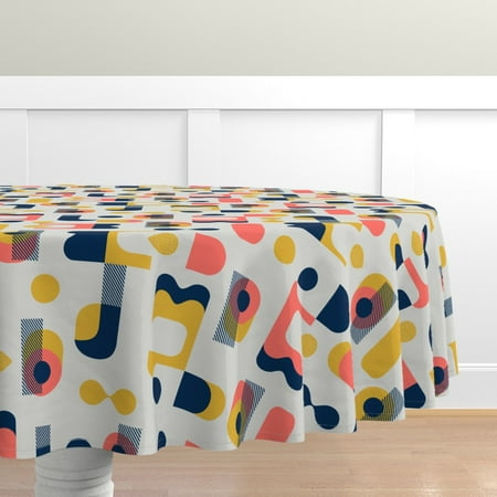 

Cotton Sateen Tablecloth 90 Round - Bauhaus Memphis Geometric Squares Circles Abstract Retro Inspired Coral Print Custom Table Linens by Spoonflower