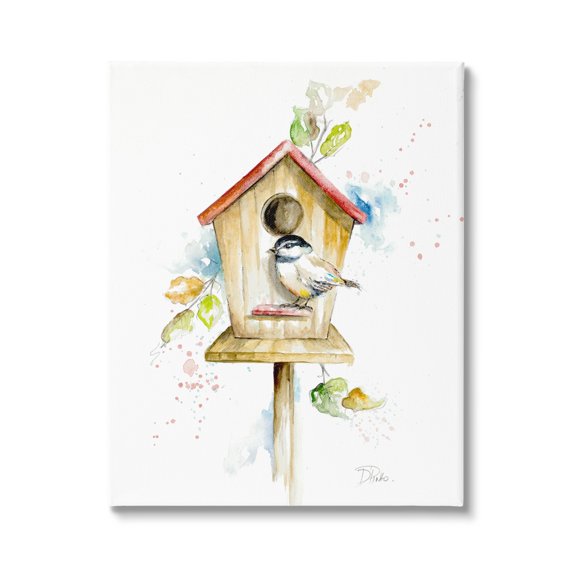 Stupell Industries Spring Garden Bird House Backyard Robin Illustration,30 x 40, Design by Patricia Pinto