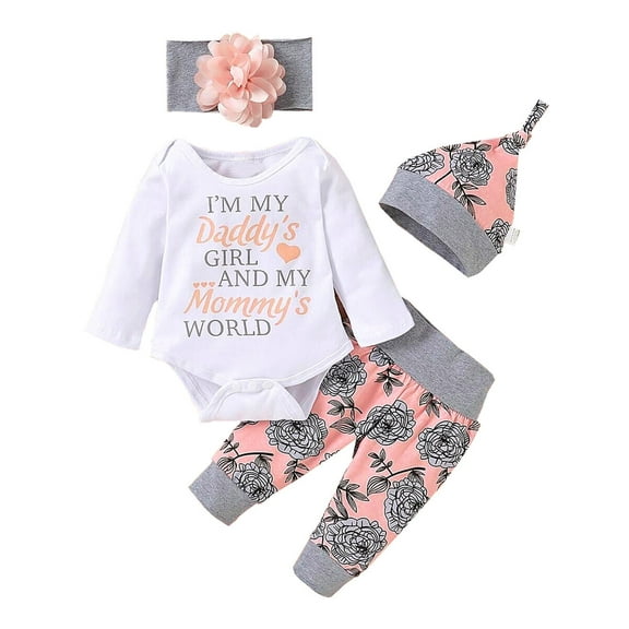 WIBACKER Newborn Baby Girl 4Pcs Outfits Infant Romper Floral Pants Headband Hat Christmas Gift