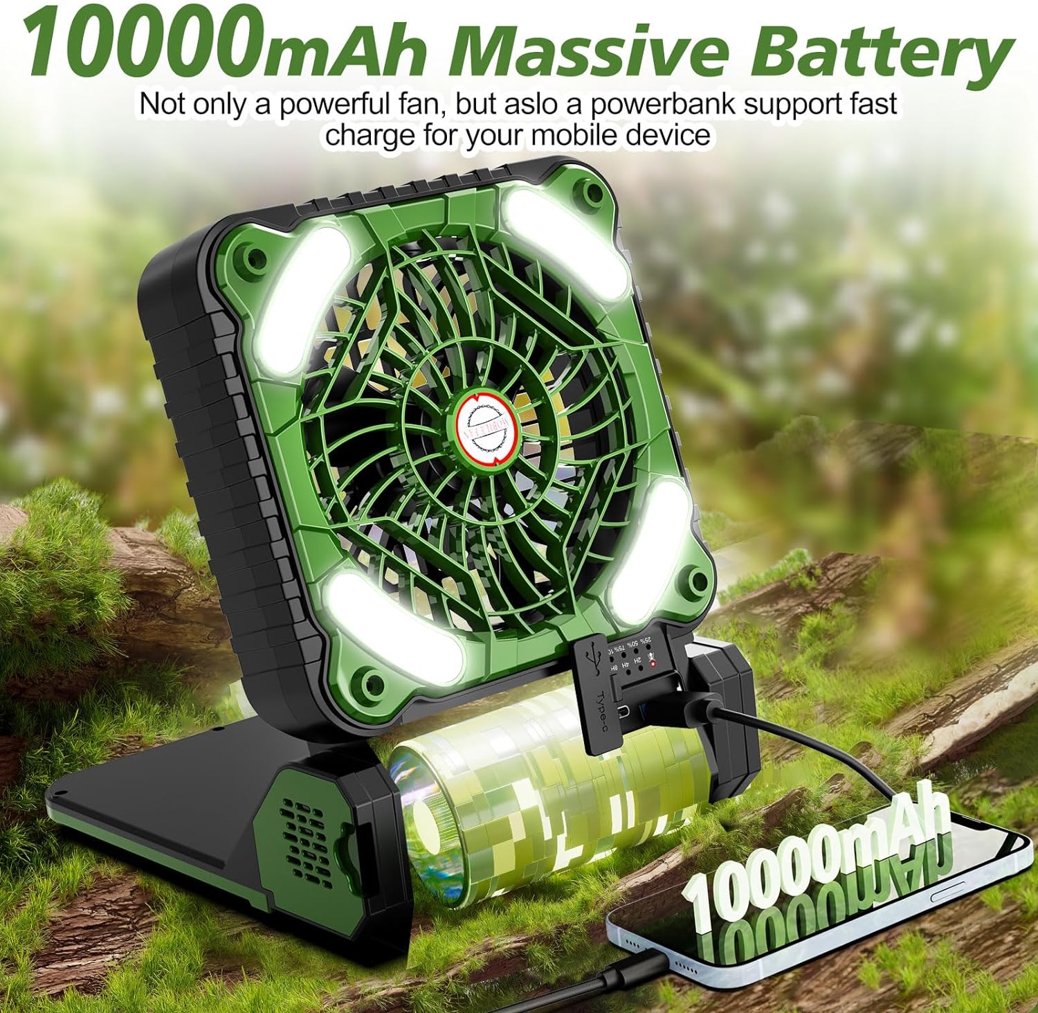 4 Speeds Solar Battery Operated Fan for Camping, 10000mAh Portable Rechargeable Desk Fan with LED Light & Timing Function, Folding USB Charger Port Camping Fan Power Bank for Home Office Car Outdoor