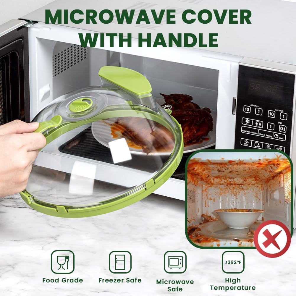 GreenLife Penn (US)10'' Microwave Splatter Food Cover with Water Steamer,  Handle and Vents; Clear Microwave Plate Cover Lid; Dish Bowel Cover; Home