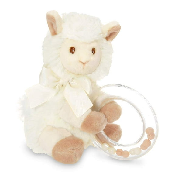 Bearington Baby Lil’ Alma Stuffed Animal Rattle: 5.5” Llama Shaker Toy, Satin Bow, Clear Ring and Moving Beads; Makes a Great Baby Shower Gift