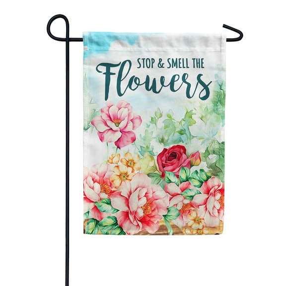 America Forever Stop and Smell The Flowers Garden Flag 12.5 x 18 inch Red Pink Roses Floral Spring Summer Positive Inspirational Double Sided Seasonal Yard Outdoor Decorative Nature Motivational Flag