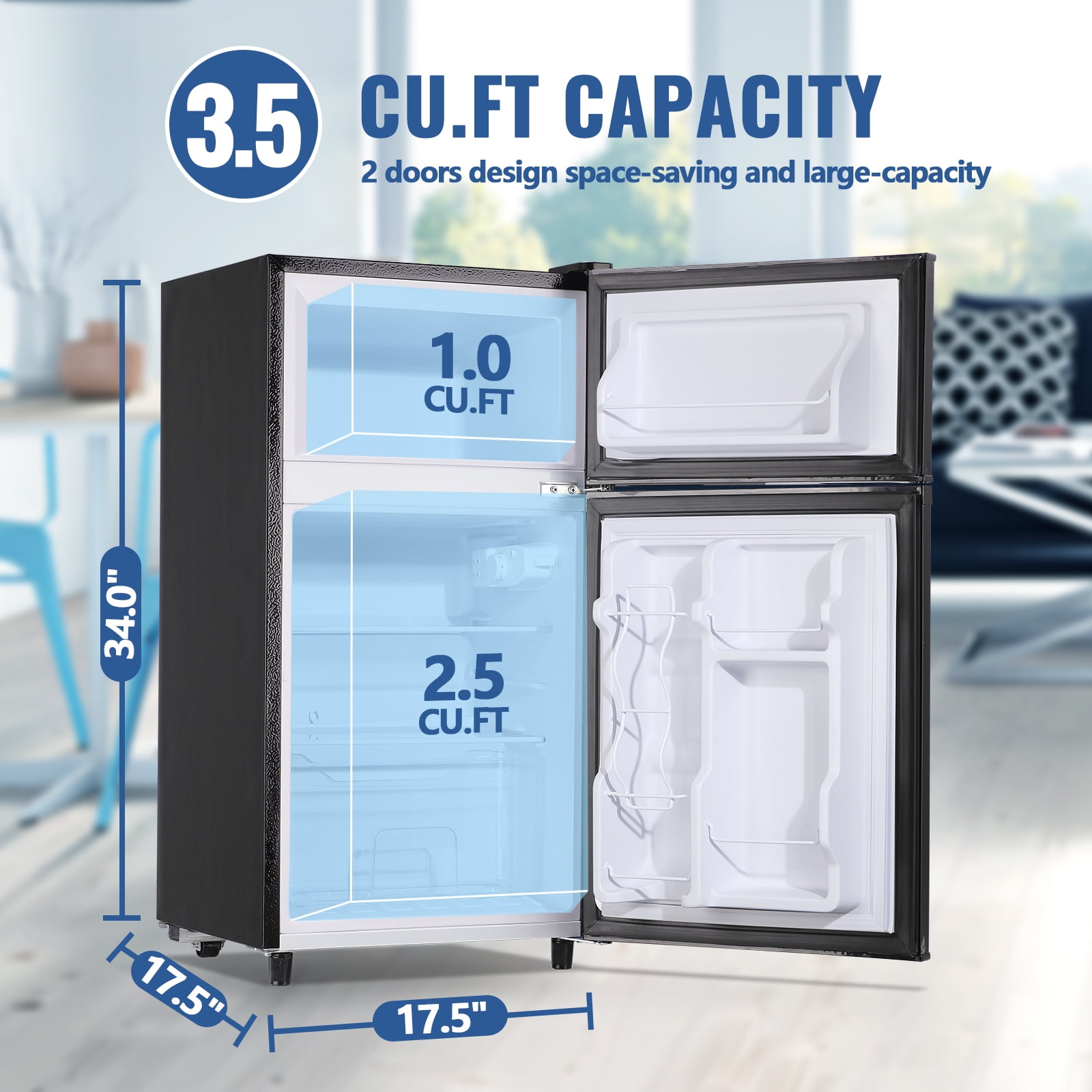 JIEJIA 3.5 Cu.ft Mini Fridge with Freezer, Double Door Compact Refrigerator, 7-Temp Adjustable, Removable Glass Shelves for Kitchen, Dorm, Office, Apartment, Black