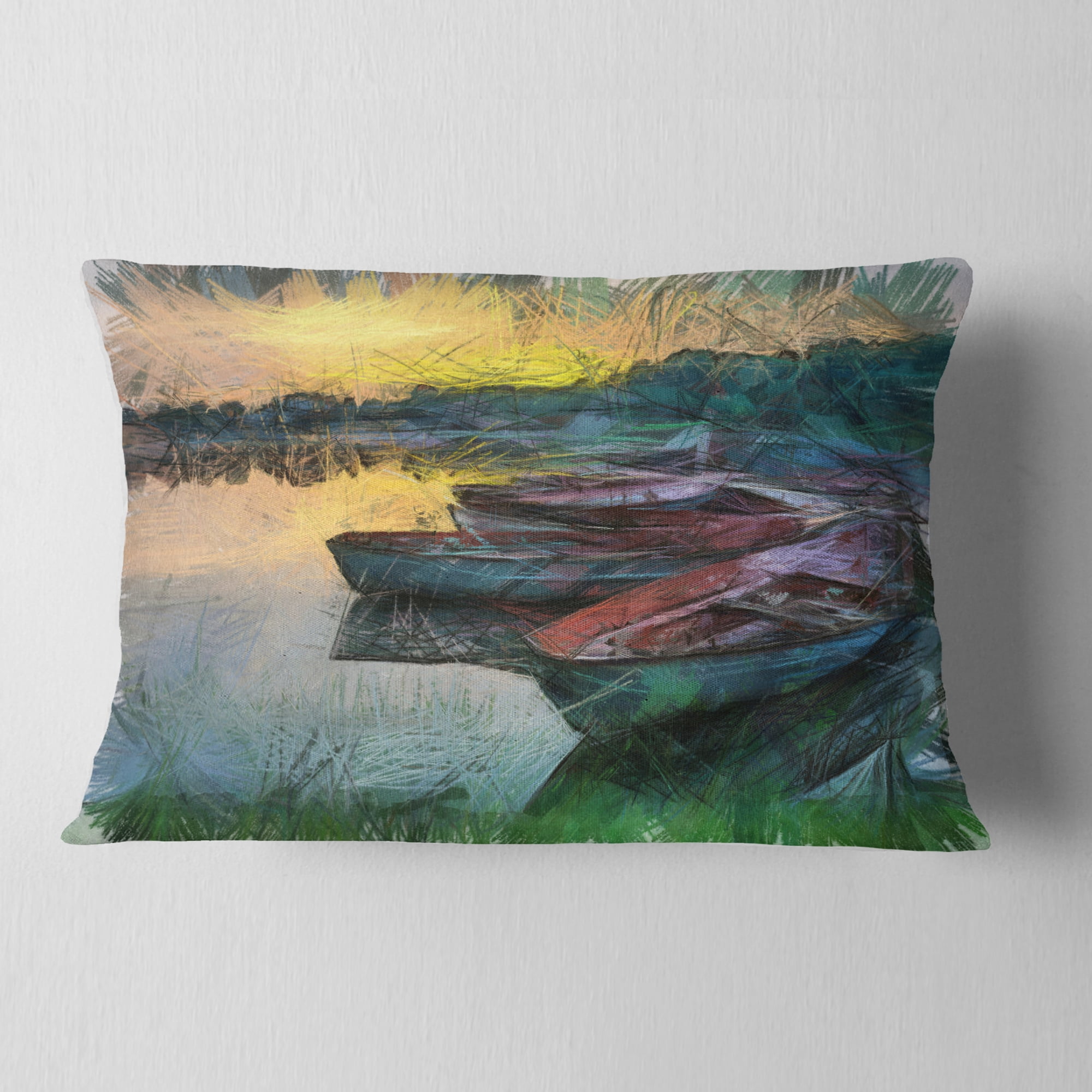 Designart Fishing Boats by River Watercolor - Landscape Printed Throw Pillow - 12x20