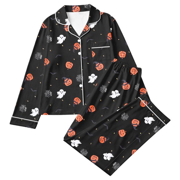 Tisuna Womens Halloween Pajamas Set Pumpkin Ghost Bat Print Long Sleeve Button Down Tops And Pants Sleepwear Pjs Sets Fashion 2 Pieces Housewear S-XXL