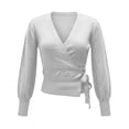 thumbnail image 4 of Admvng Women's Wrap V‑Neck Knit Sweater Long Sleeve Cropped Pullover Side Tie Knot Casual Fall Sweater, 4 of 9