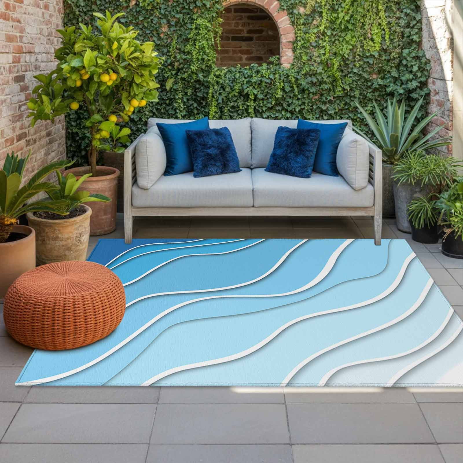 5' x 8' Outdoor Rug, Blue Aqua Ombre Outdoor Washable Rug Large Floor Carpet, Modern Geometric Abstract Aesthetic Cream Non Shedding Area Rug for Outside Patio RV Porch Deck Balcony Camping