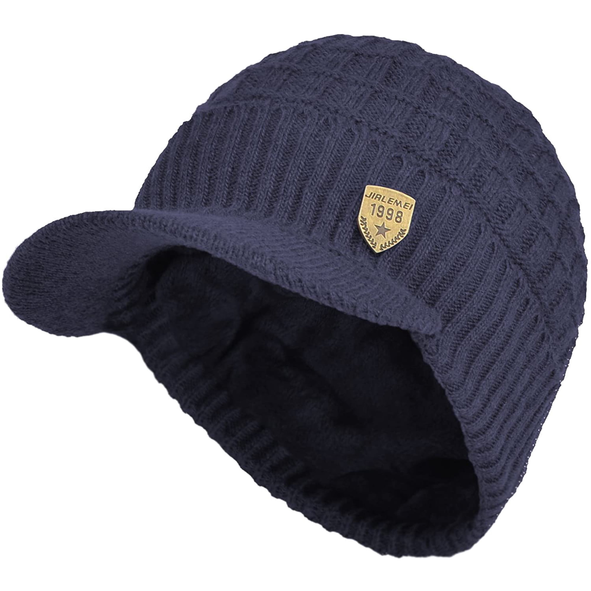 ZOELNIC Sports Winter Outdoor Knit Visor Hat Billed Beanie with Brim Warm Fleece Lined for Men and Women, Blue