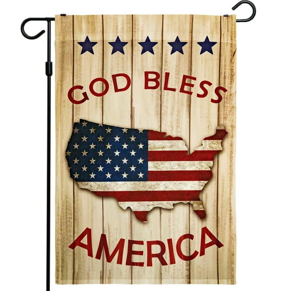 G128 - God Bless America Patriotic USA Flag Map Garden Flag, Rustic Holiday Seasonal Outdoor Flag 12" x 18”