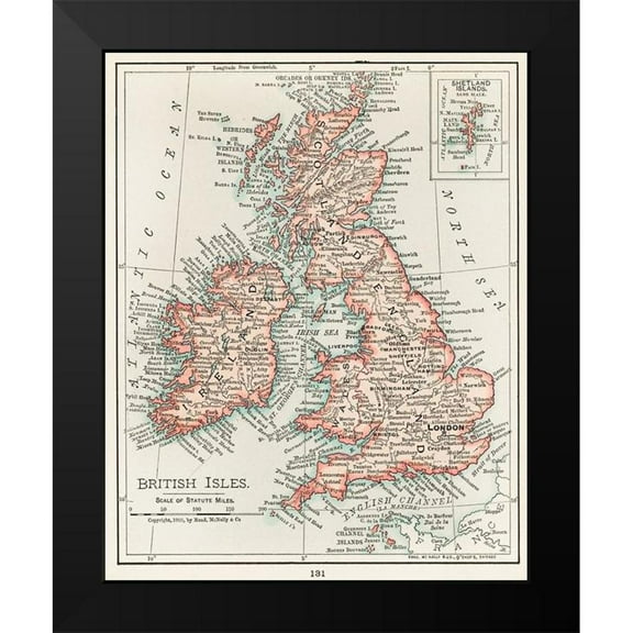 Vintage Maps 12x14 Black Modern Framed Museum Art Print Titled - A cartographic map of the British Isles
