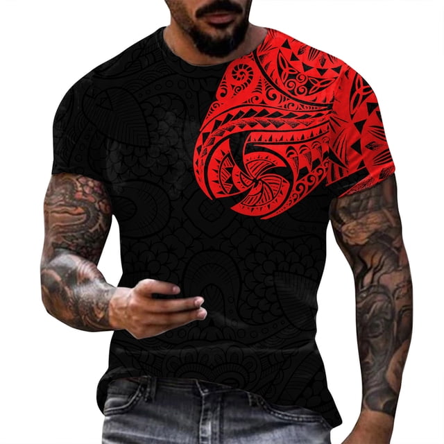 TSADFHJI Chemises Hommes Décontractées Lin Automne Mode Printemps Été Manches Courtes Col Rond T-Shirts Imprimés Haut Blouse L Rouge
