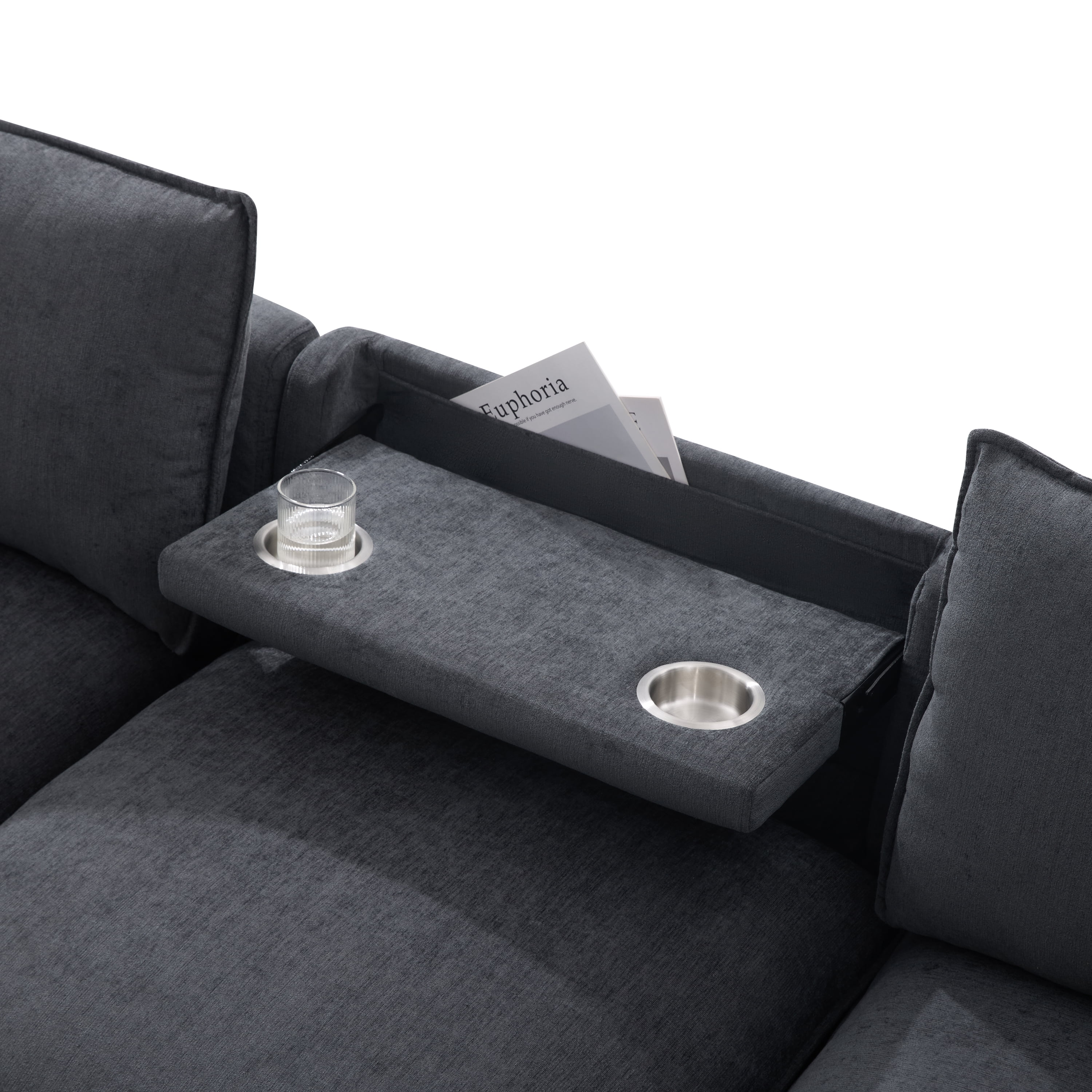 GARITIN Modular Sectional Sofa 98 Inch, U Shaped Cloud Couch with Movable Storage Ottoman and Fold Down Backrest Table, Gray