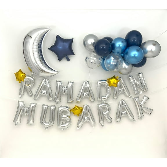 Sweet Moon 32 Piece Moon and Star Ramadan Mubarak Balloons Bouquet Set (Blue)