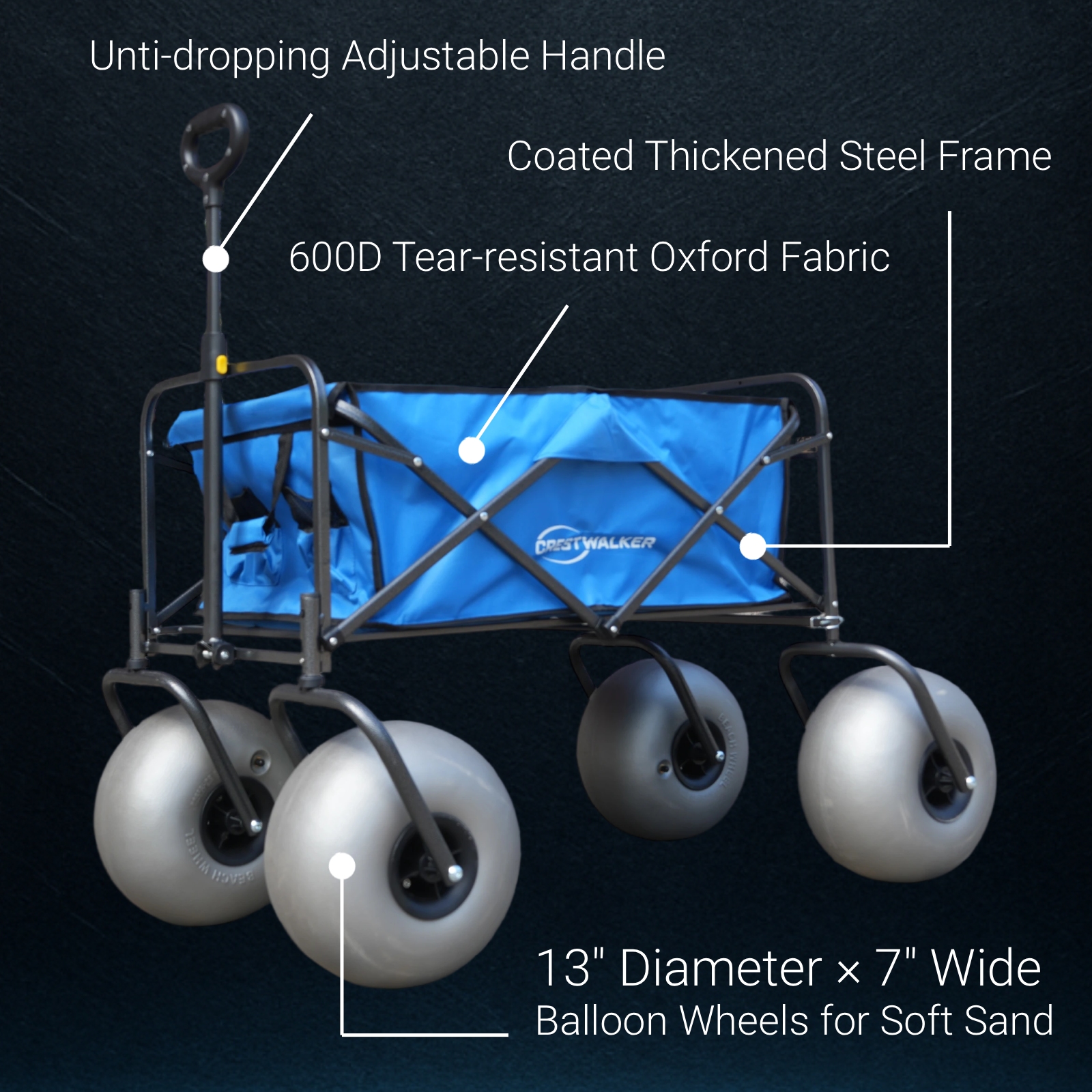 CRESTWALKER Beach Wagon with 13'' Balloon Tires and Chair Racks, Collapsible Cart with Big Wheels for Sand, Pump Included