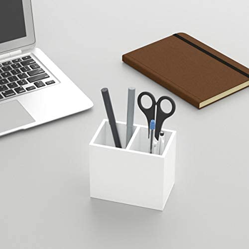 Acrylic Pen Holder 2 Compartments, White Pencil Organizer Cup for Countertop Desk Accessory Storage