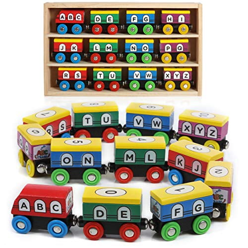 On Track USA Wooden Train Set ABC Magnetic Wooden Train Cars 12 Piece Train Tracks Accessories Set - Includes Alphabet and Numbers for Recognition Learning Skills, for Toddler Boys and Girls