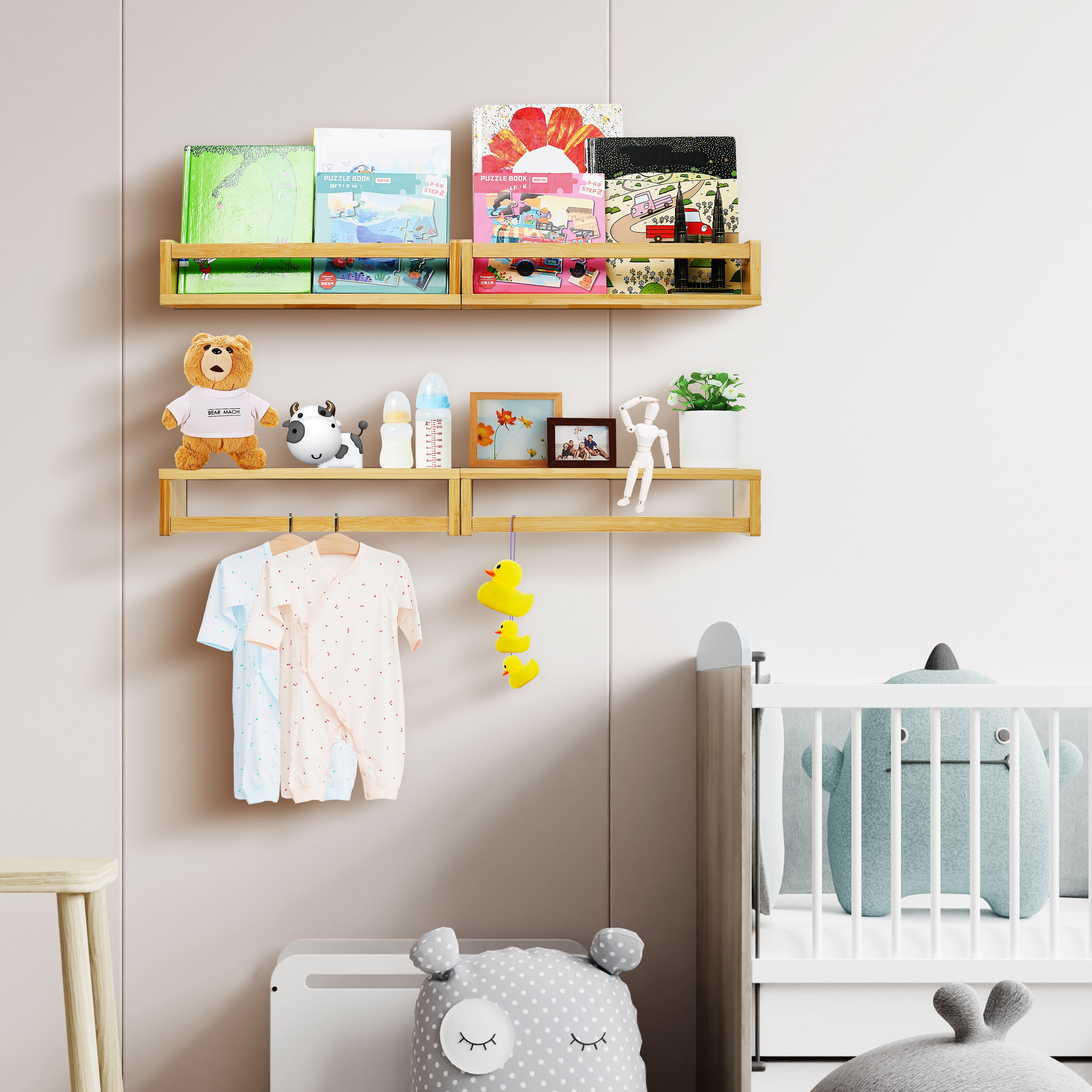 Ollieroo 10” x 35” 4-Tier Bamboo Floating Shelves Kids Room Decor