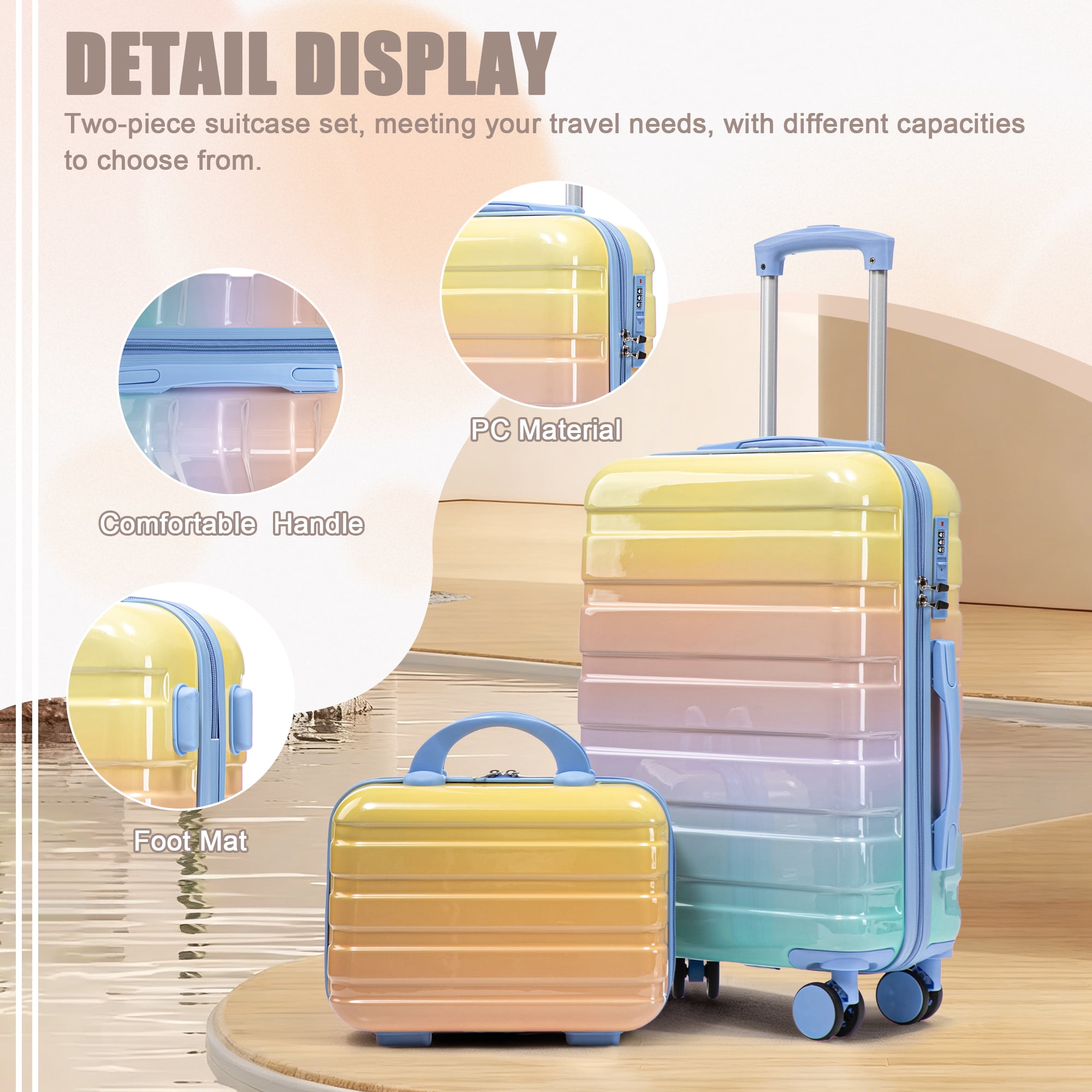 14"/20" 2 pcs/set in PC Spinner Wheel Luggage, Carry on Suitcase, With Gradient Color and Combination Lock (Blue+Yellow)