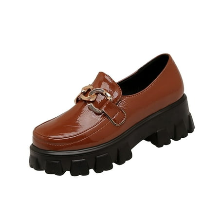 KBKYBUYZ Women Chunky Platform Ankle Boots For Women Glossy Leather Shoes Chain