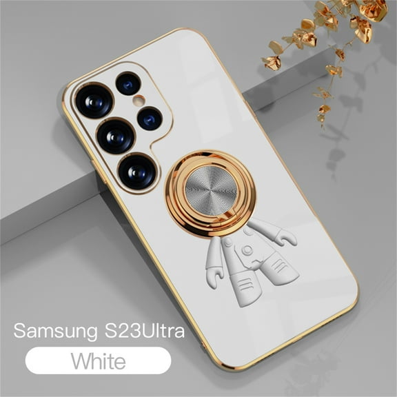 SaniMore for Samsung Galaxy S23 Ultra Case, Lens Protection Electroplating Silicone Magnetic 3D Dimensional Astronaut Cover with Car Mount & Ring Kickstand Shockproof Protective Shell, White